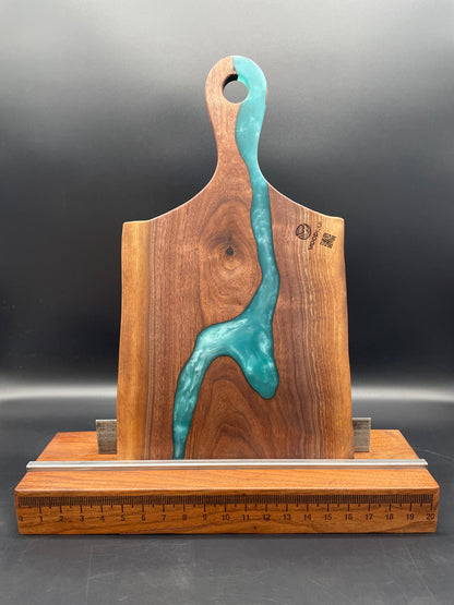 Handled Live Edge Black Walnut Charcuterie Board with Turquoise Resin River