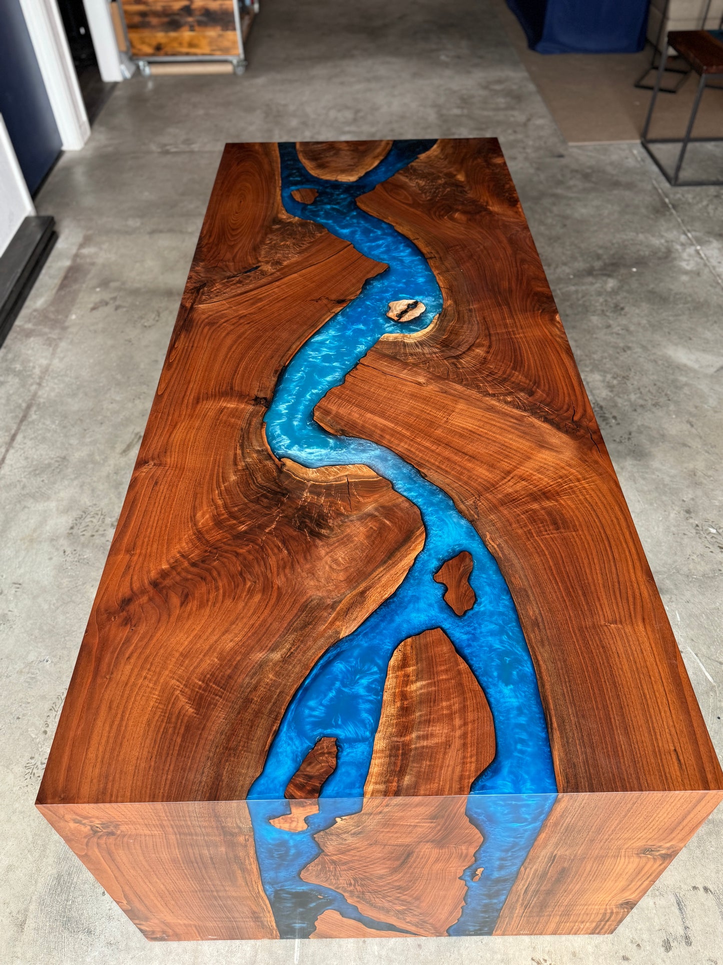 Black Walnut Dining/Conference Table with Multi-Blue Epoxy River & Waterfall Edge