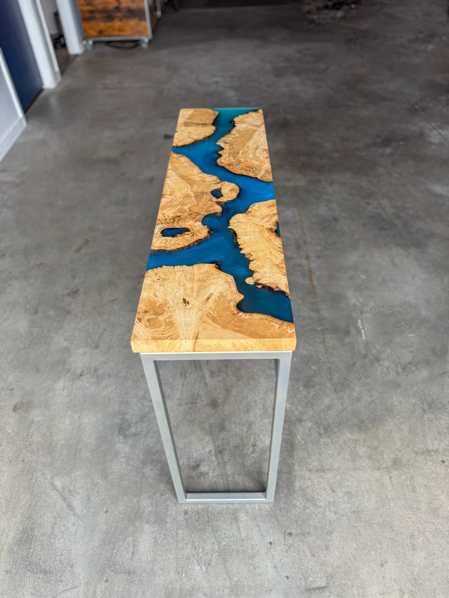 Burled Box Elder Blue Epoxy River Console Table