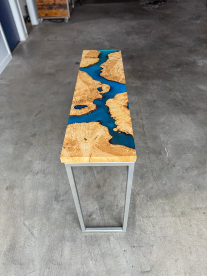 Burled Box Elder Blue Epoxy River Console Table
