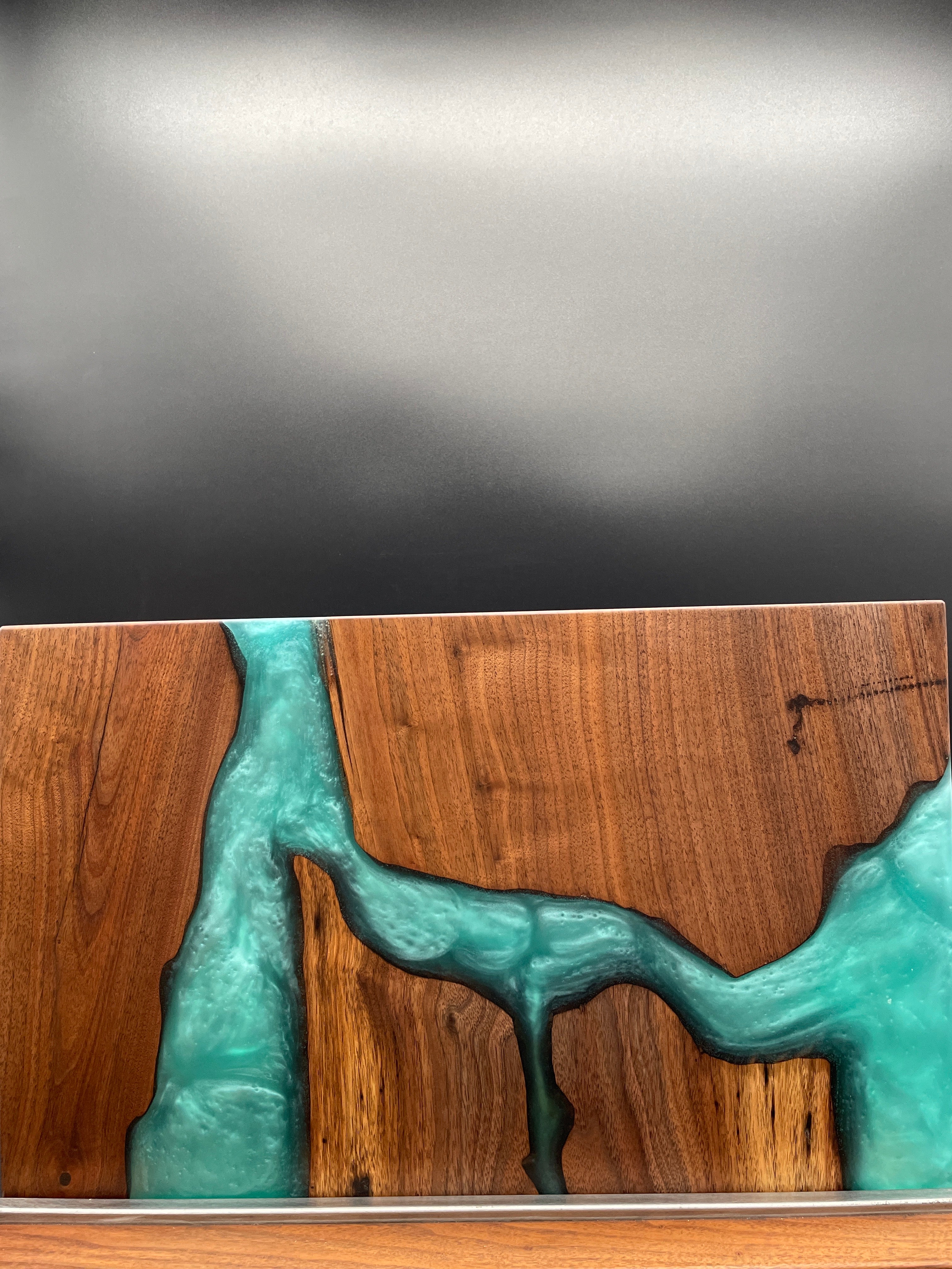 Black Walnut Charcuterie Board with turquoise hot and blue pearl epoxy