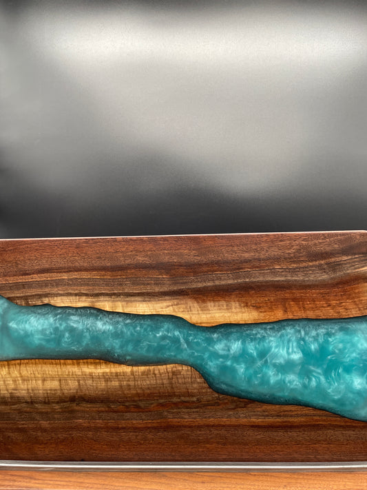 12" x 20" Black Walnut Wood & Turquoise Epoxy Resin River Charcuterie Board