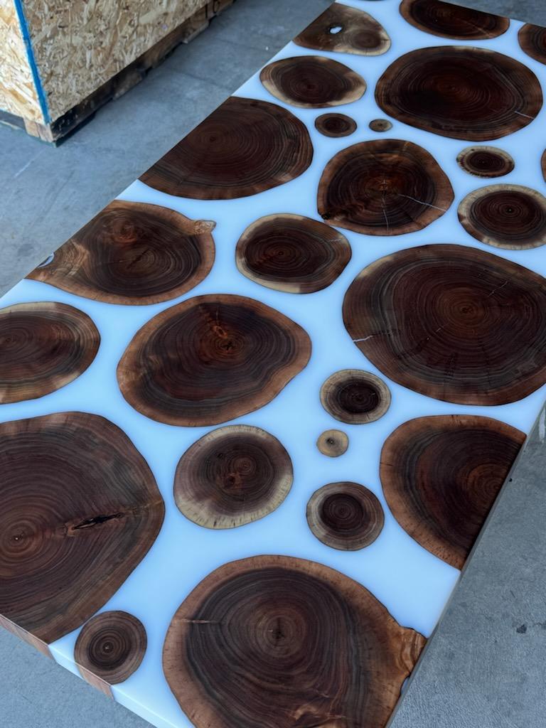 Black Walnut Wooden Branch Rounds and Solid White Epoxy Coffee Table