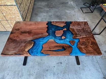 Black Walnut Sit/Stand Desk with Multi-Blue Epoxy River
