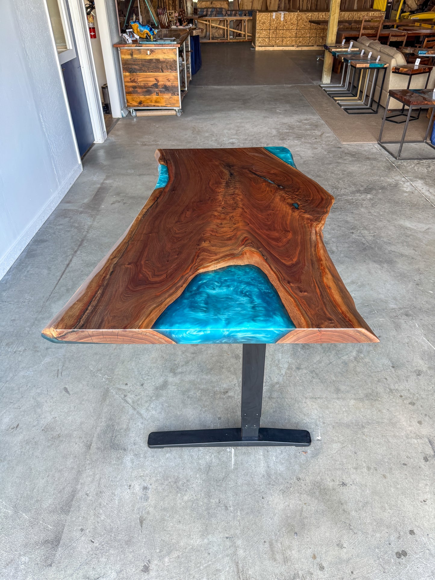 Live Edge Black Walnut Sit / Stand Office Desk with Turquoise Epoxy Resin Fills