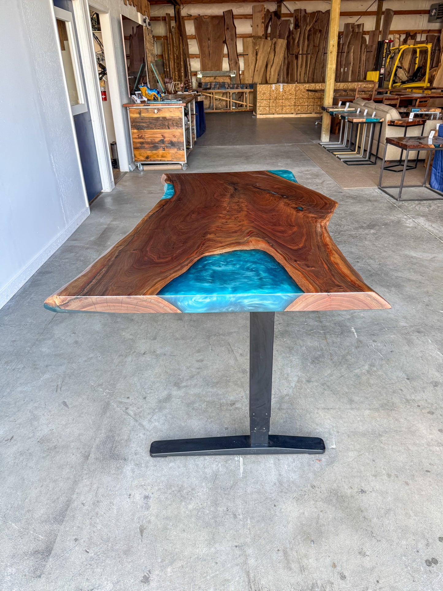 Live Edge Black Walnut Sit / Stand Office Desk with Turquoise Epoxy Resin Fills