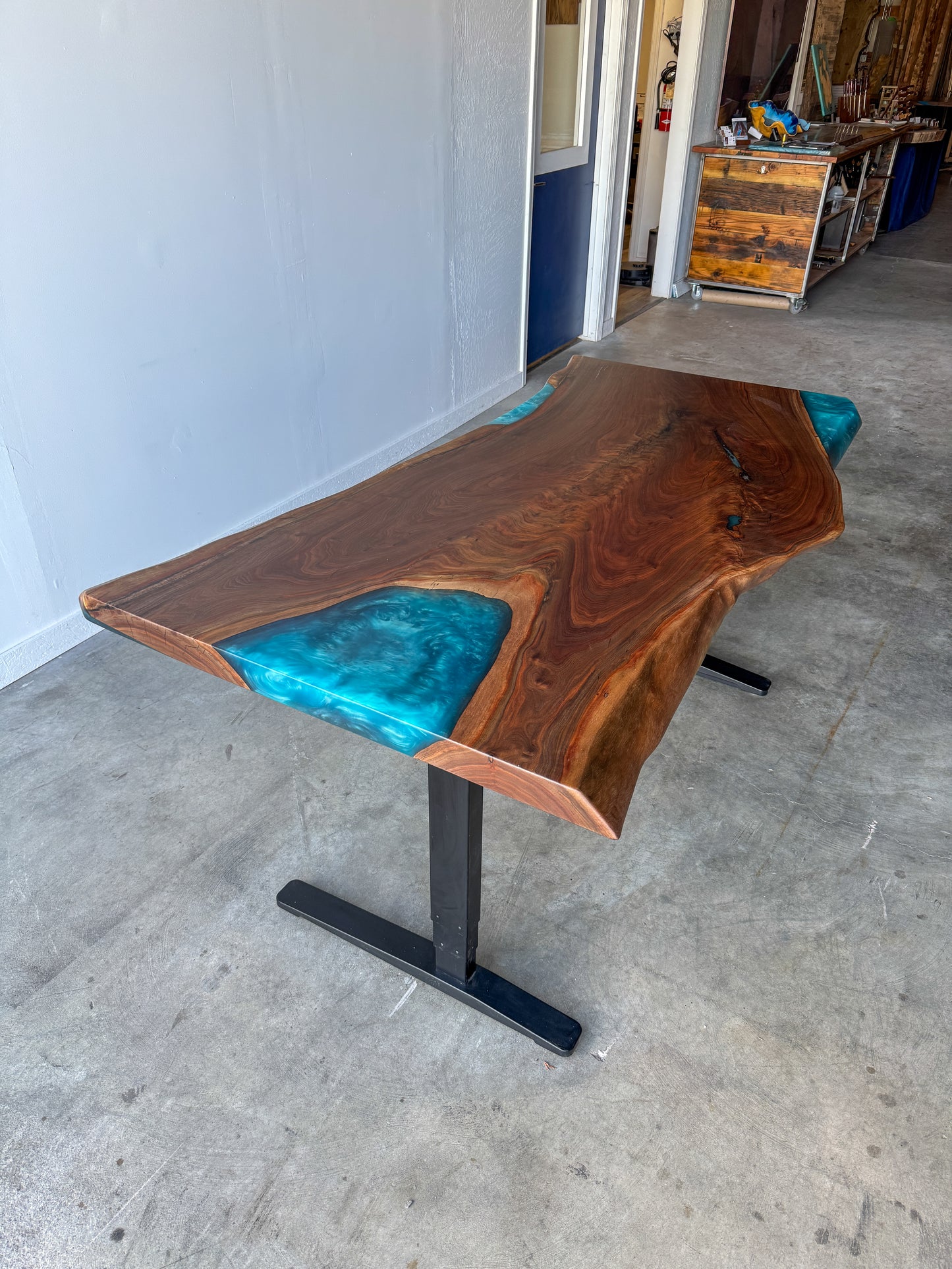 Live Edge Black Walnut Sit / Stand Office Desk with Turquoise Epoxy Resin Fills