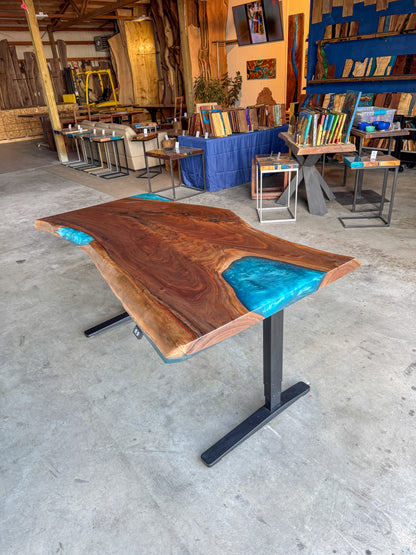 Live Edge Black Walnut Sit / Stand Office Desk with Turquoise Epoxy Resin Fills