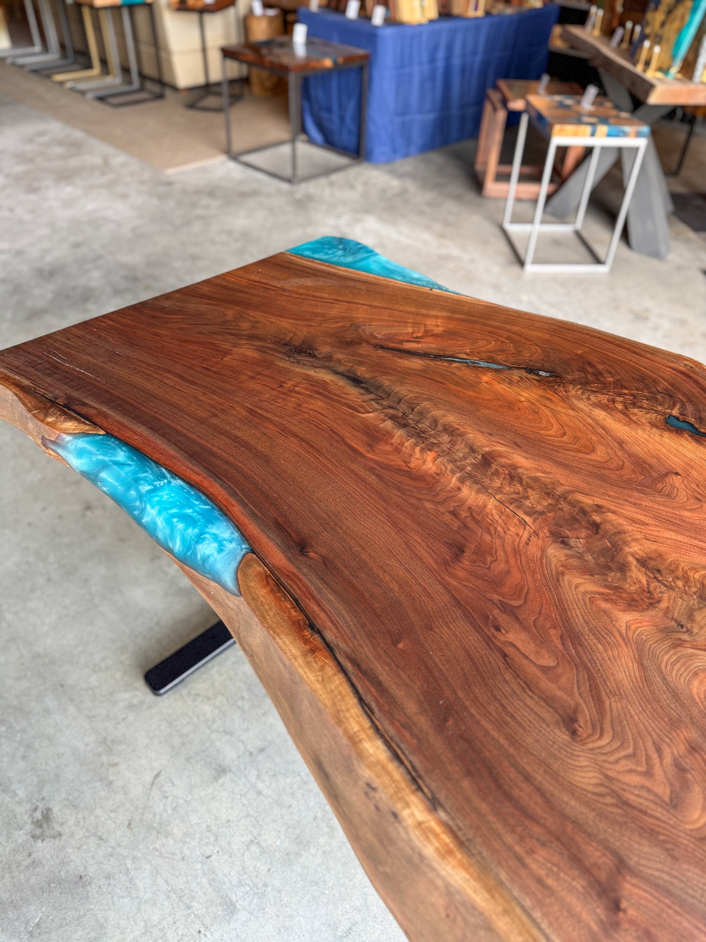 Live Edge Black Walnut Sit / Stand Office Desk with Turquoise Epoxy Resin Fills