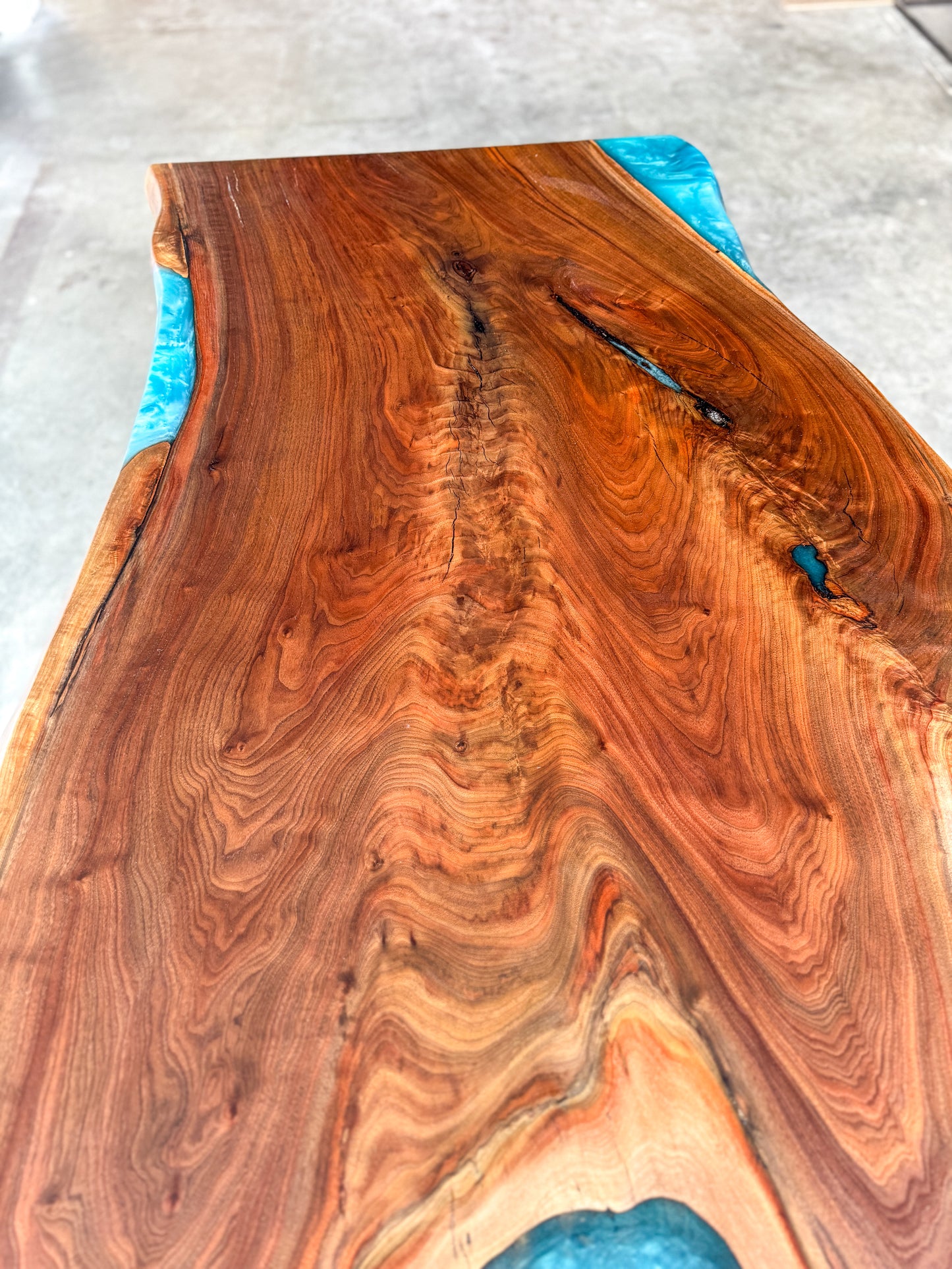 Live Edge Black Walnut Sit / Stand Office Desk with Turquoise Epoxy Resin Fills