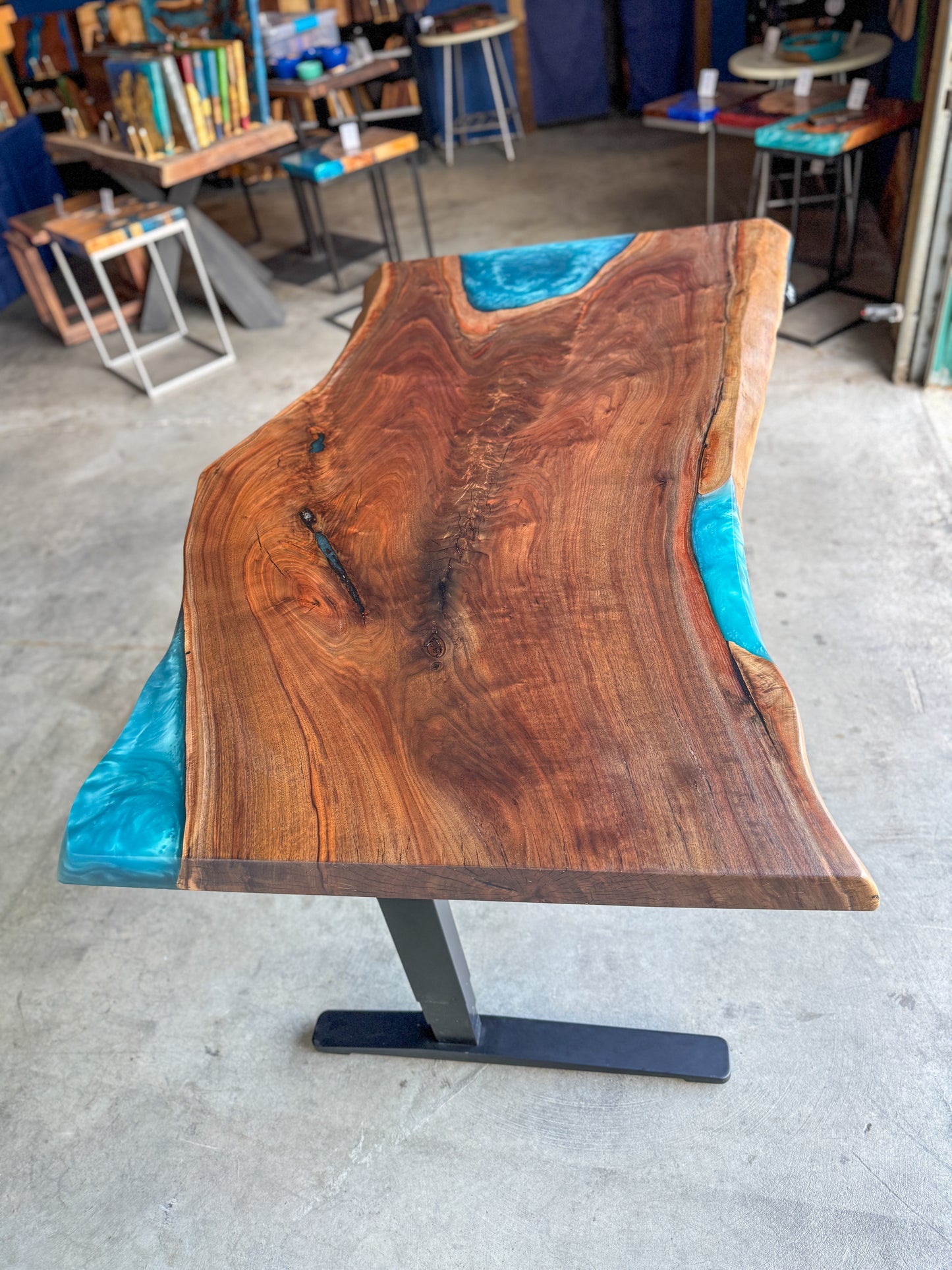 Live Edge Black Walnut Sit / Stand Office Desk with Turquoise Epoxy Resin Fills