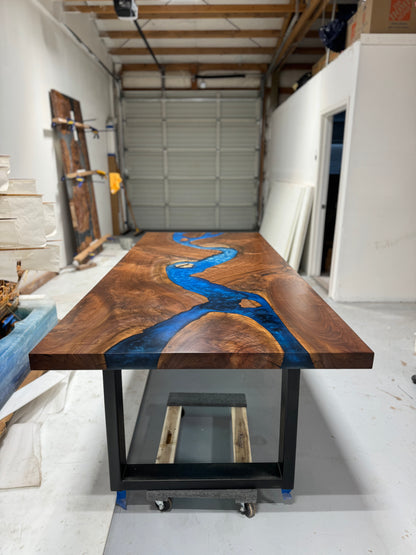 Black Walnut Dining/Conference Table with Multi-Blue Epoxy River & Waterfall Edge