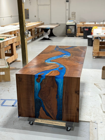 Black Walnut Dining/Conference Table with Multi-Blue Epoxy River & Waterfall Edge