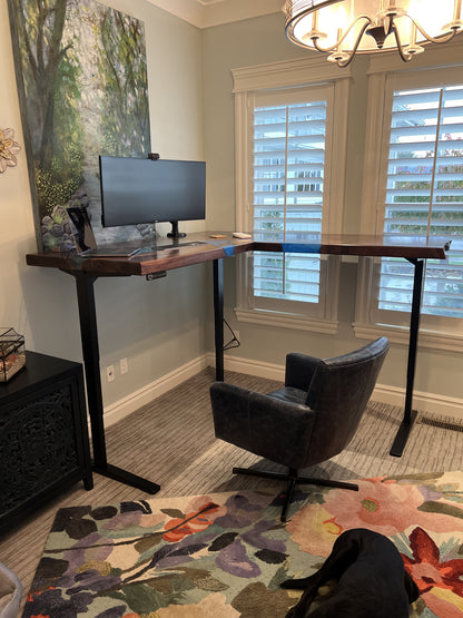 Customizable L-Shaped Black Walnut Epoxy Resin River Sit / Stand Office Desk