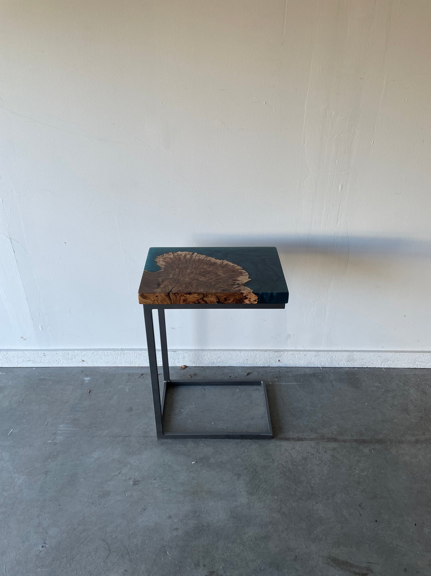 Elm Burl Wood Cookie and Teal Blue Epoxy C-Table