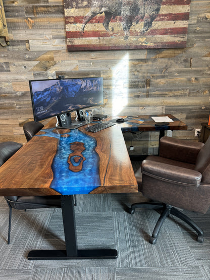Customizable L-Shaped Black Walnut Epoxy Resin River Sit / Stand Office Desk