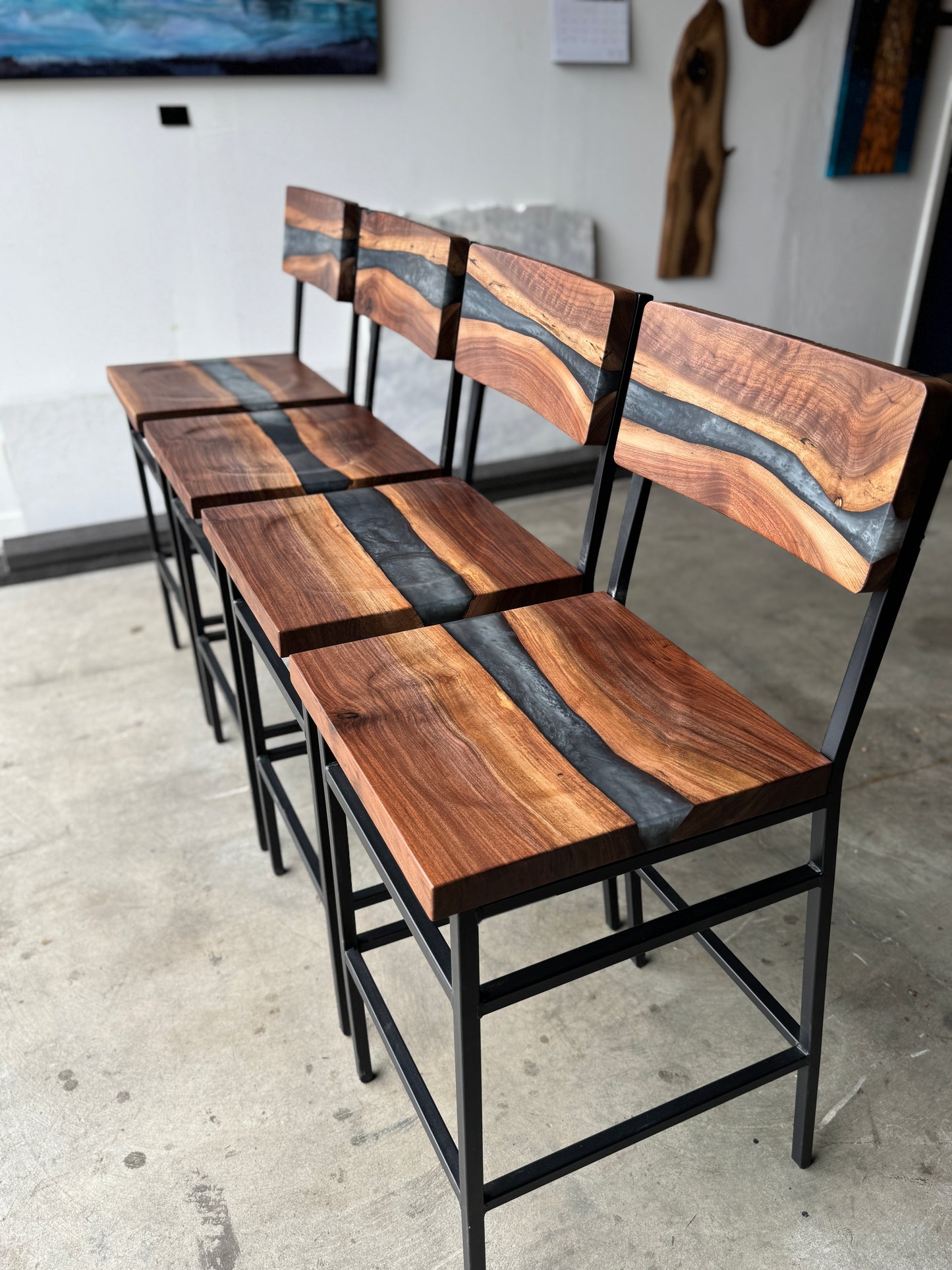 Custom Black Walnut & Grey Epoxy Resin Bar Stool