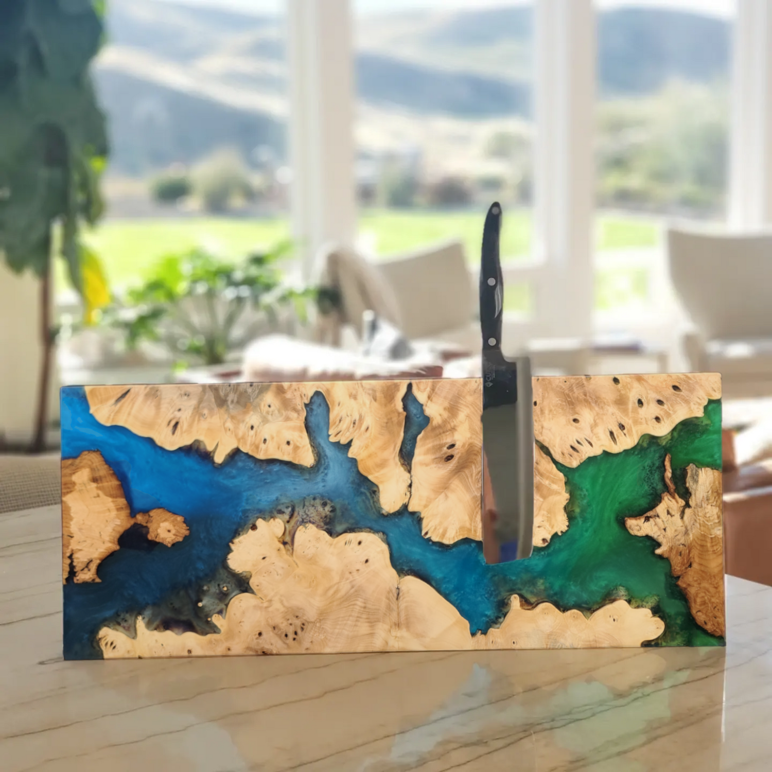 Cinnamon Burl magnetic knife block with blue and green epoxy
