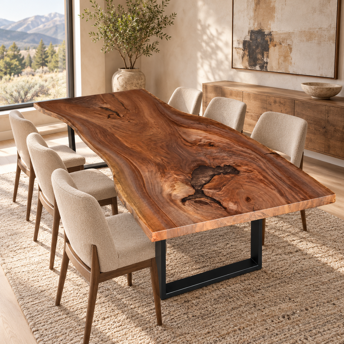Black walnut live edge dining table with espresso resin fills in a warm contemporary dining room