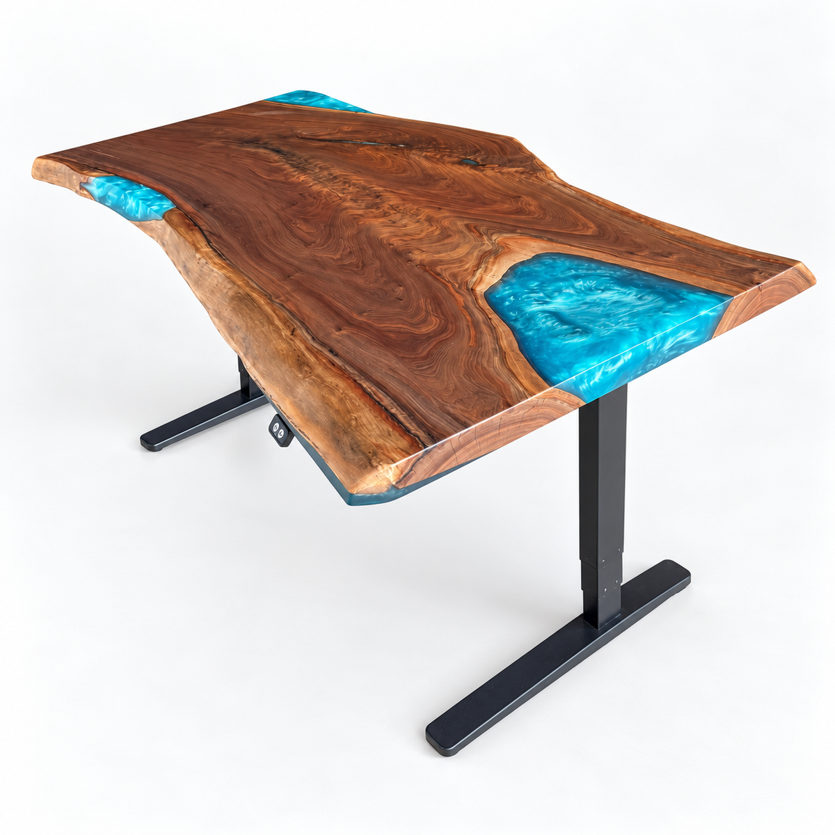 Live edge black walnut electric sit-stand desk with turquoise epoxy resin fills on a warm-white background