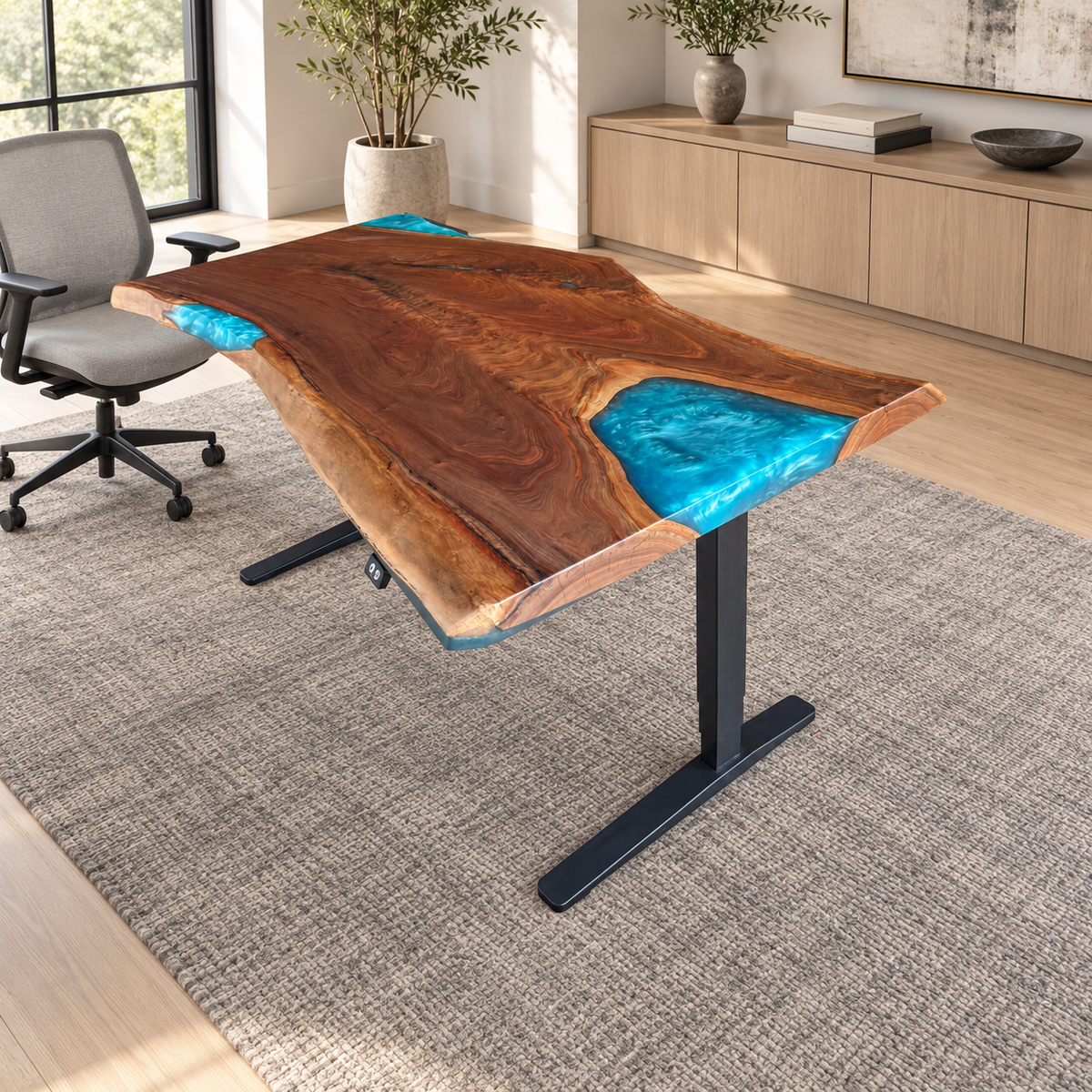 Live edge black walnut sit-stand desk with turquoise epoxy fills in a contemporary executive office.