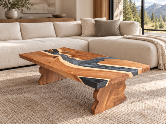 American Elm Epoxy River Coffee Table with Sculpted Elm Legs styled in an aspirational interior