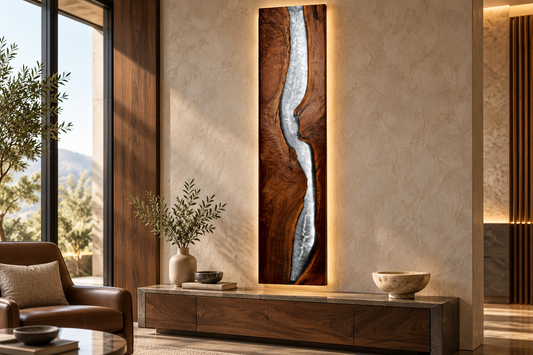 Black Walnut and Silver Waterfall Wall Art with LED Light Package styled in an aspirational interior