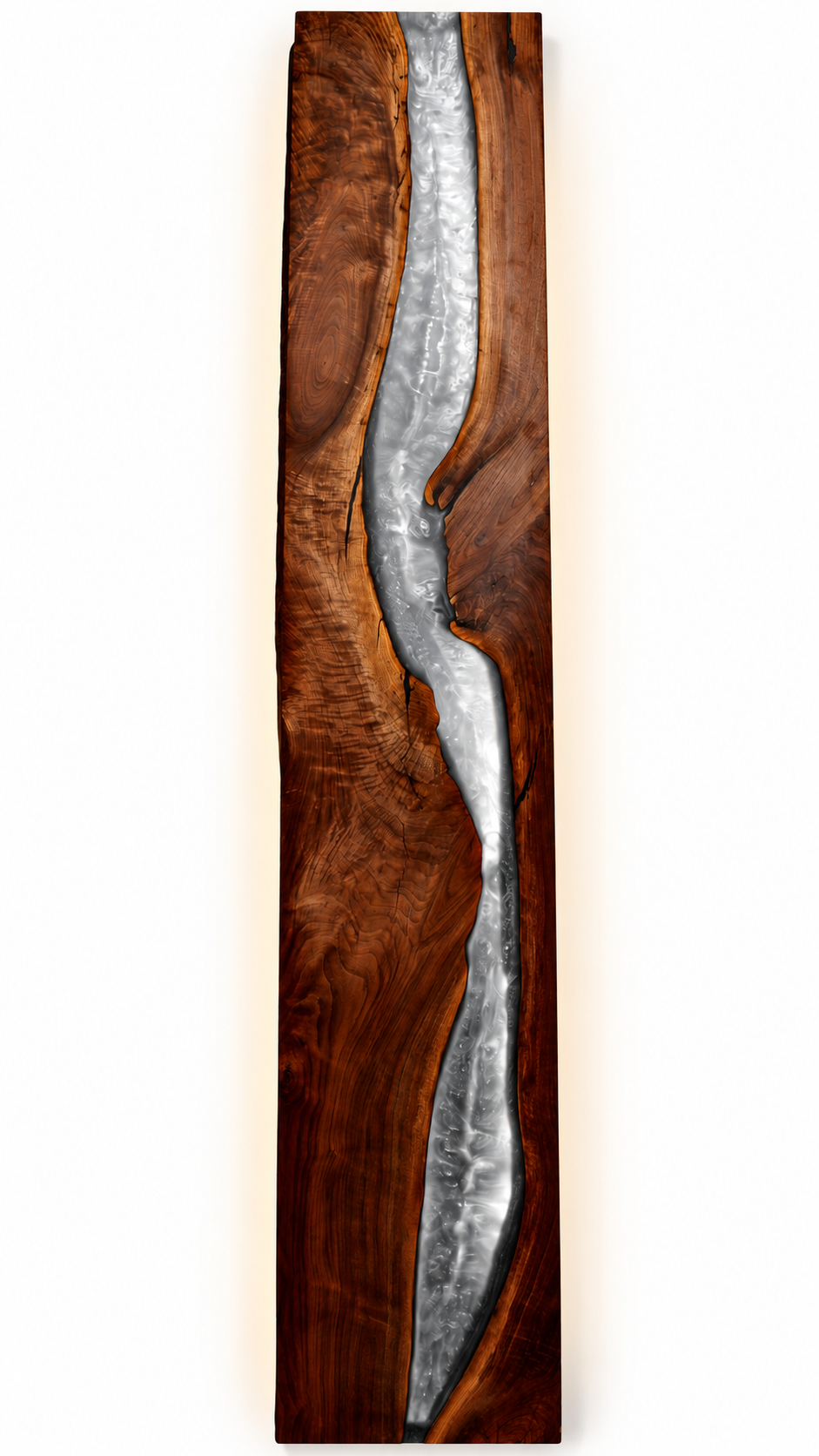 Black walnut and silver epoxy waterfall wall art on a clean white background