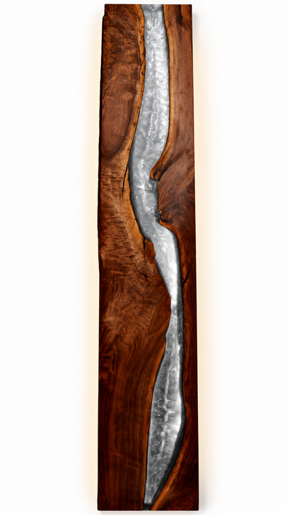 Black walnut and silver epoxy waterfall wall art on a clean white background