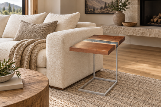 Black walnut C-table with dolphin grey epoxy river in a warm modern living room