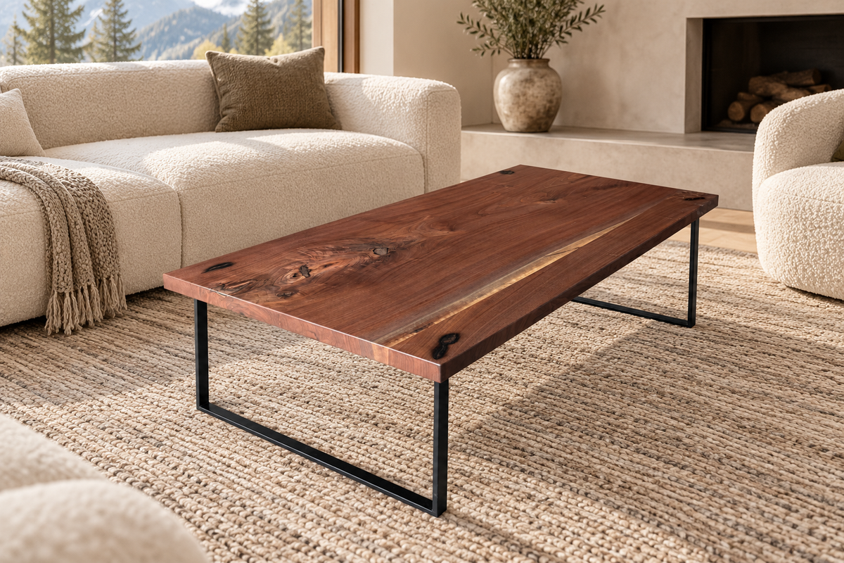 Walnut Coffee Table with Black Metal Base styled in an aspirational interior