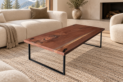 Walnut Coffee Table with Black Metal Base styled in an aspirational interior