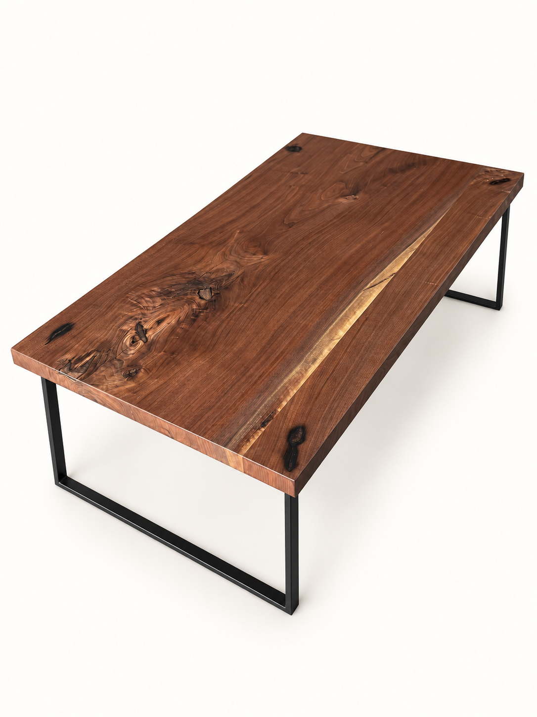 Walnut Coffee Table with Black Metal Base on a clean white background