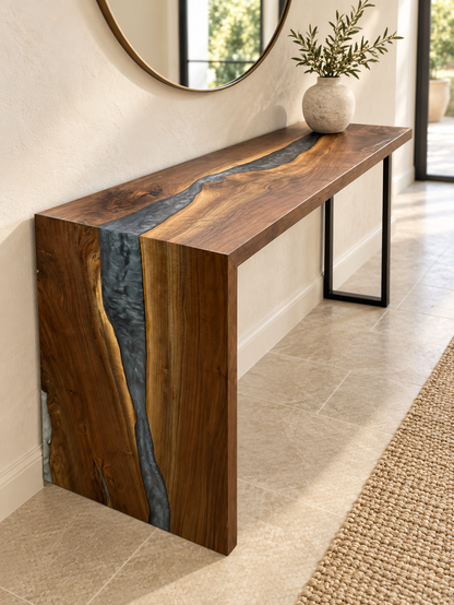 Black Walnut Waterfall Console Table styled in an aspirational interior