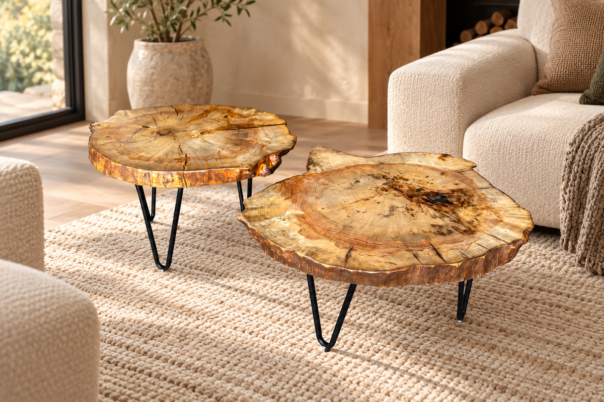 Box Elder Live Edge Cookie Side Tables styled in an aspirational interior