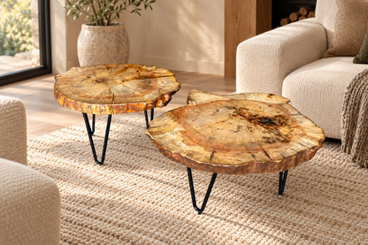Box Elder Live Edge Cookie Side Tables styled in an aspirational interior