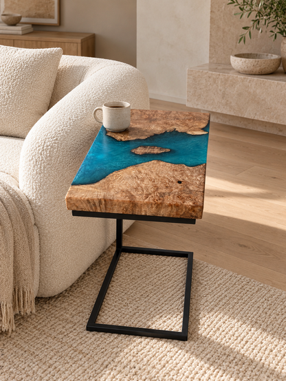 Maple Burl C-table with Turquoise Epoxy styled in an aspirational interior