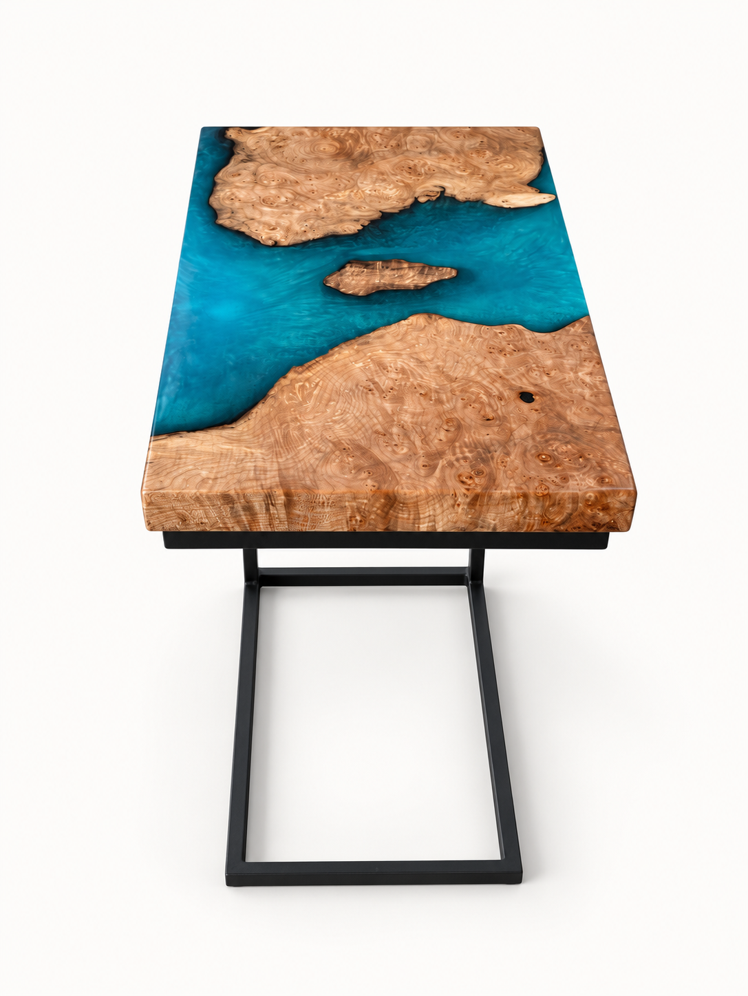 Maple Burl C-table with Turquoise Epoxy on a clean white background