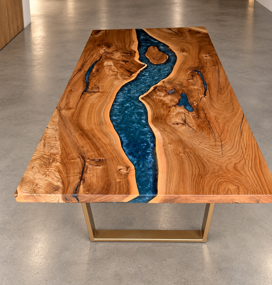 Custom American elm dining table with a dark blue resin river and gold metal base in a clean showroom.