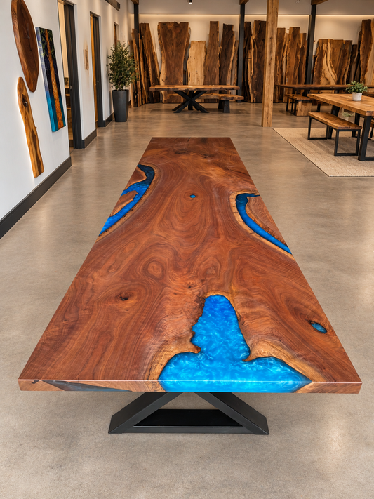 Custom black walnut dining table with bright blue resin details and a black metal base in a clean showroom.