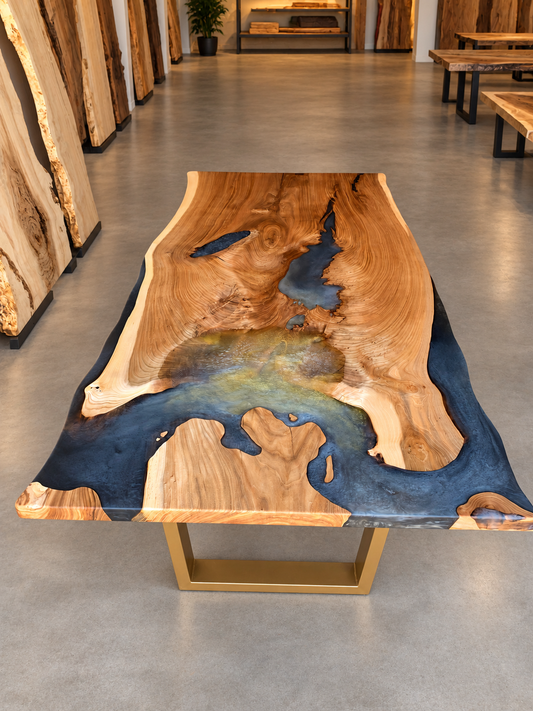 Custom live-edge slab dining table with black and gold resin and a gold metal base in a clean showroom.
