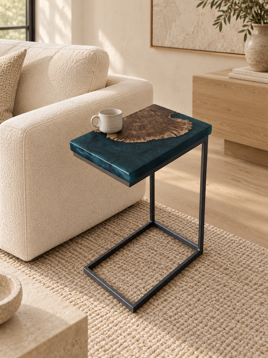 Elm Burl Wood Cookie and Teal Blue Epoxy C-Table styled in an aspirational interior