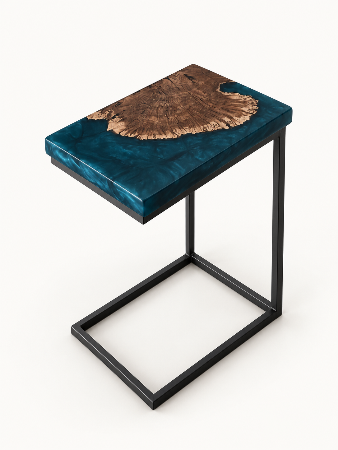 Elm Burl Wood Cookie and Teal Blue Epoxy C-Table on a clean white background