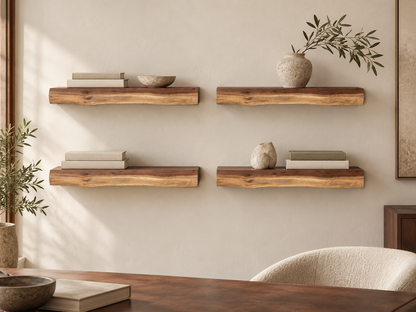Live Edge Black Walnut Floating Shelf, Set of 4 styled in an aspirational interior