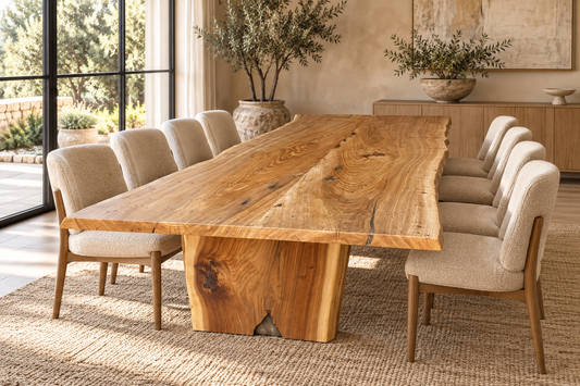 Live Edge Siberian Elm Slab Dining Table styled in an aspirational interior