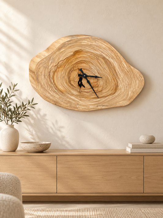 Live-Edge Solid Maple Wood Clock styled in an aspirational interior