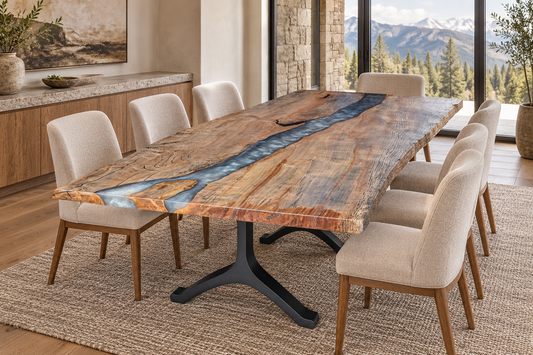 Live Edge Spalted Maple Multi-Grey Dining Table styled in an aspirational interior