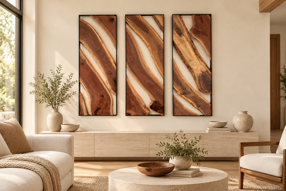 Live-Edge Walnut Triptych Wall Art Sculpture styled in an aspirational interior