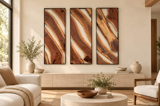Live-Edge Walnut Triptych Wall Art Sculpture styled in an aspirational interior