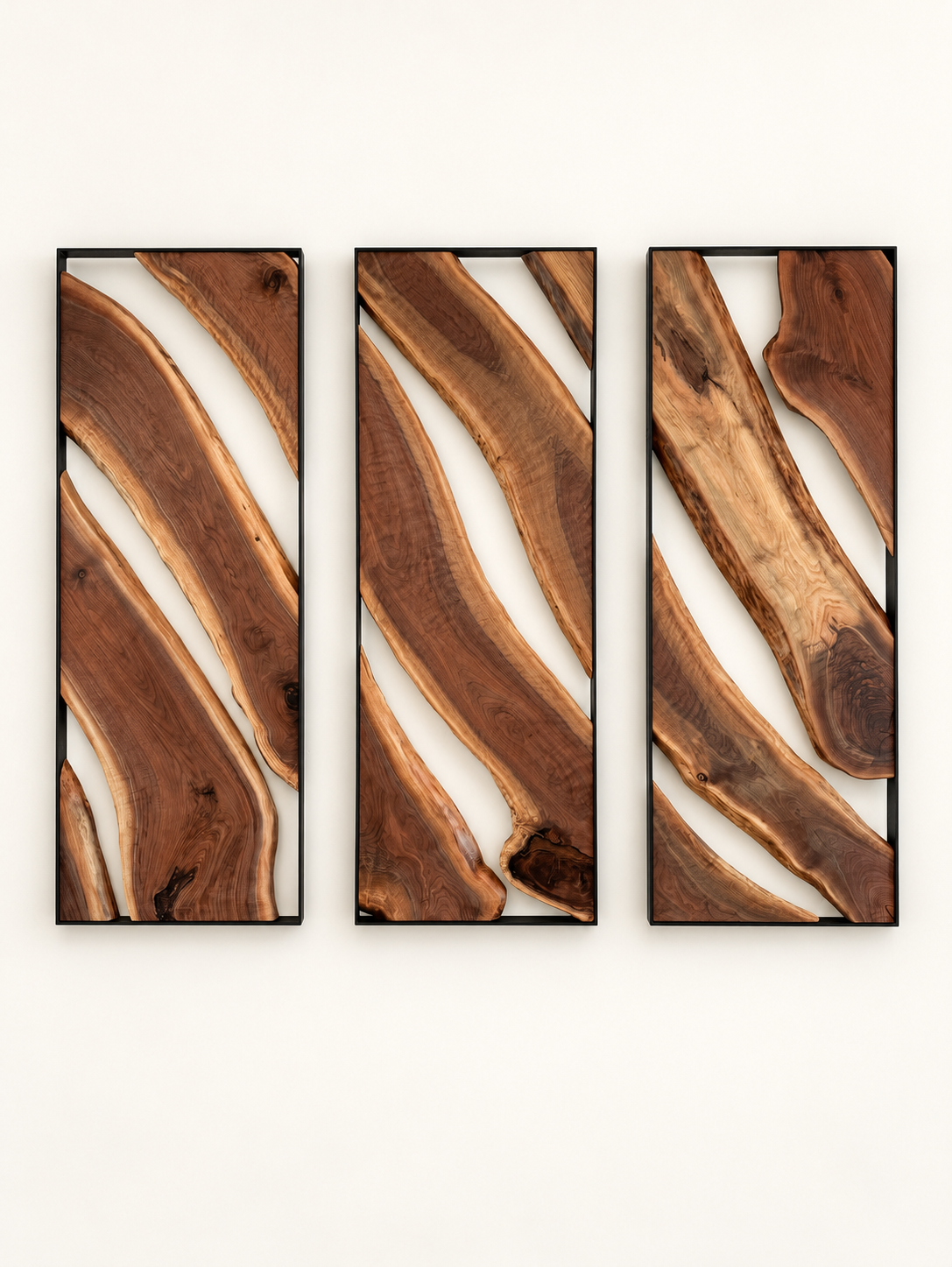 Live-Edge Walnut Triptych Wall Art Sculpture on a clean white background
